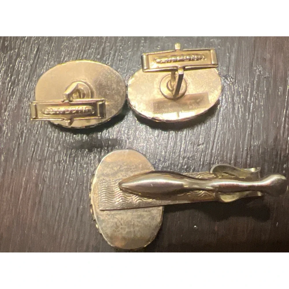 Vintage Men’s Pat Pend‎ Gold Agate Cufflinks & Tie Clip Set Mid-Century Oval